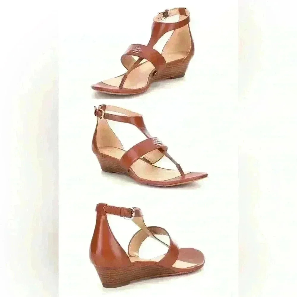 Coach Vienna Cognac Brown Leather Wedge Thong Strappy Sandals Size 8.5
